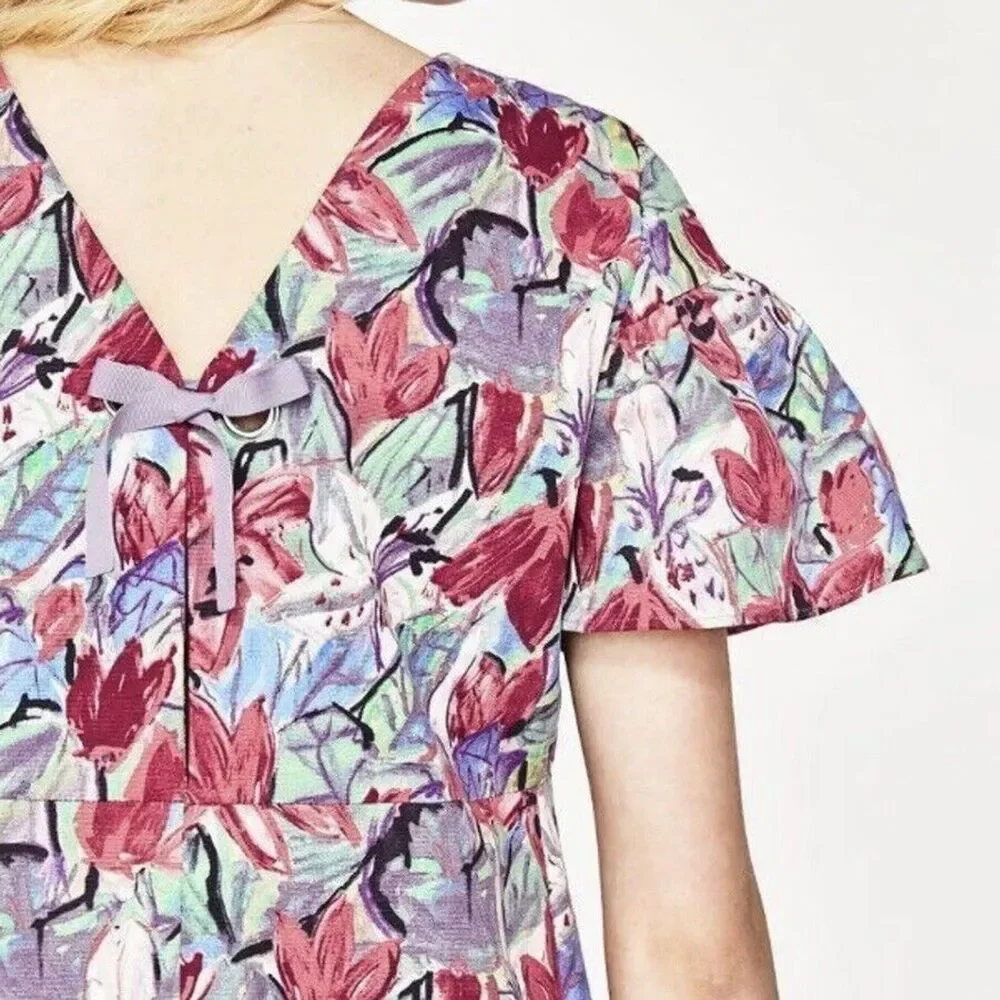 NWT Zara Multicolor Floral Mini Dress Size L Ruffled Short Sleeves Bow V Back - Picture 5 of 10